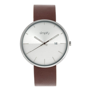 Simplify The 6400 Leather-Band Watch w/Date - Silver/Brown - SIM6402